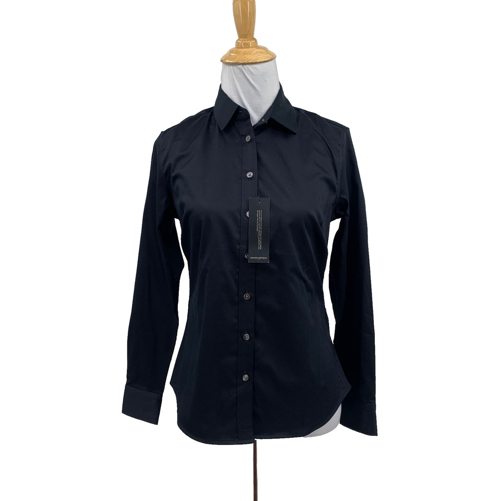 Banana Republic Shirt Womens 00 Petite Black Long Sleeve Non Iron Tailored Dress